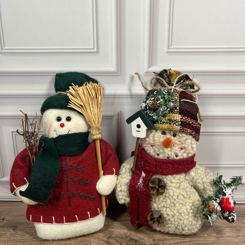 Snowman Figurine Weighted Plush Multicolor Primitive Folk Art Decor 2pc Set